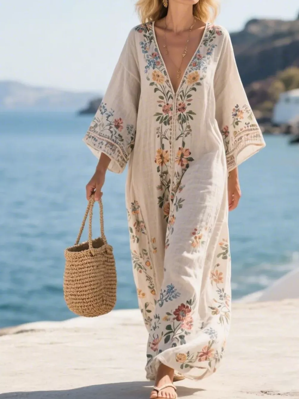 Full Size Printed V-Neck Maxi Dress Plus Size