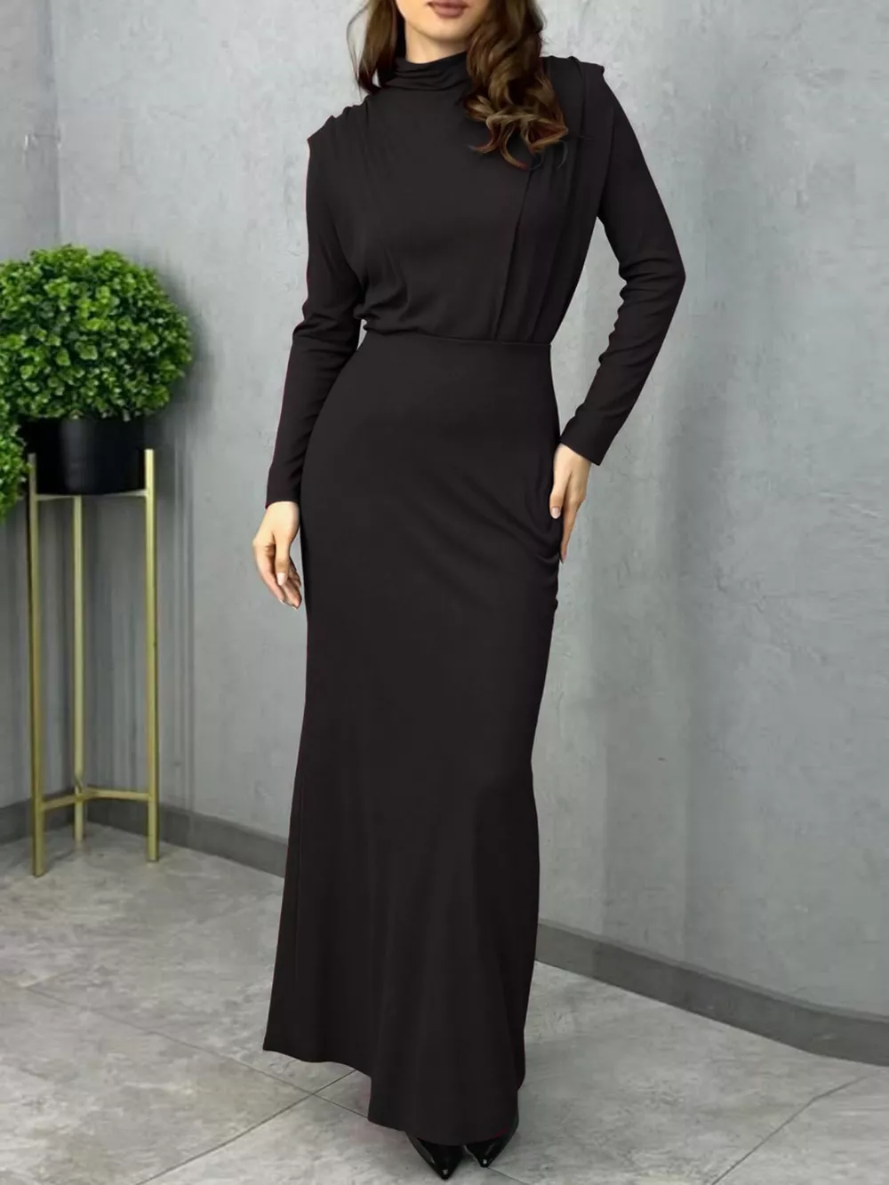 Mock Neck Long Sleeve Maxi Dress