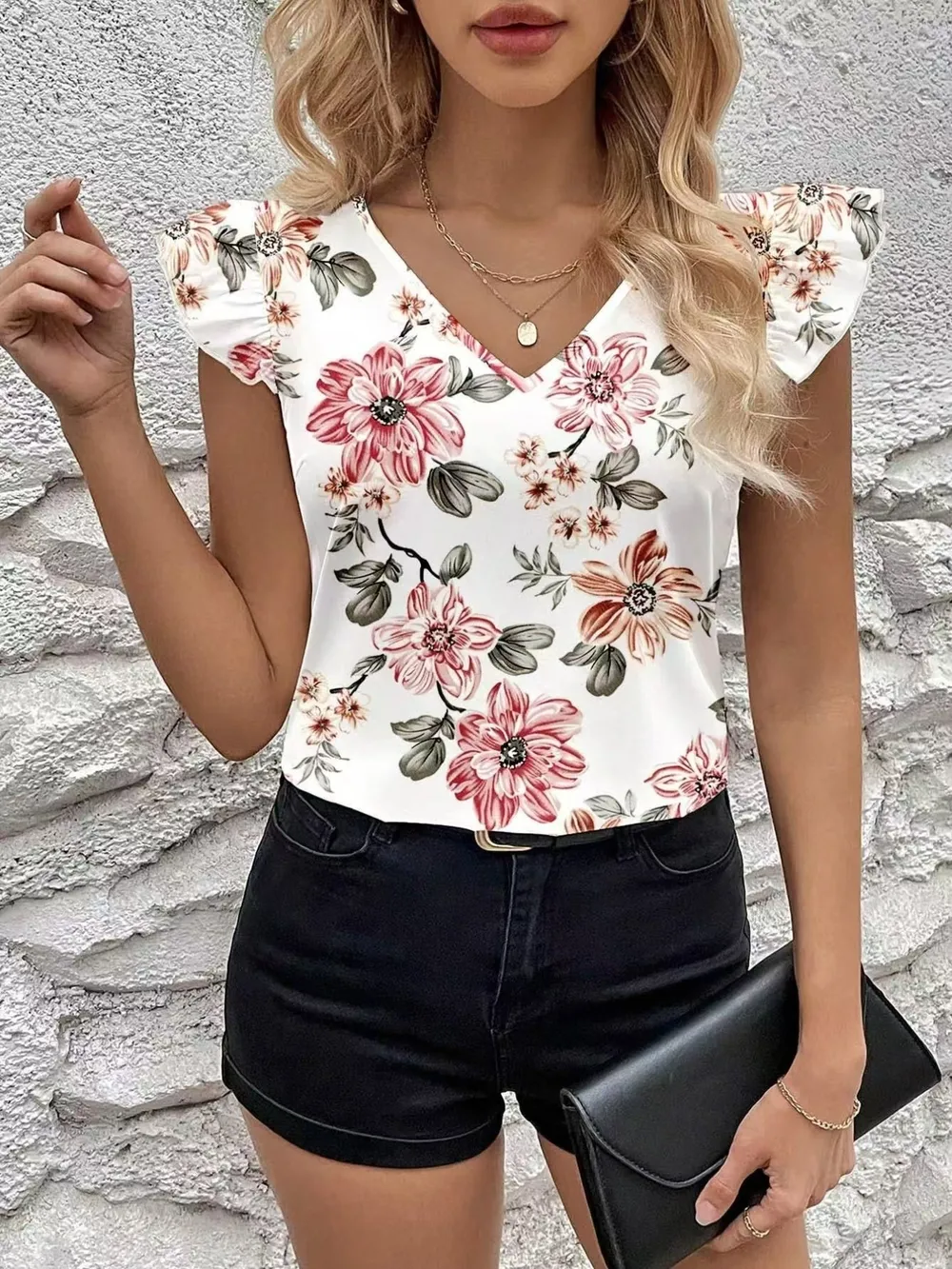 Floral Print Ruffle Sleeve V-Neck Blouse, image 23