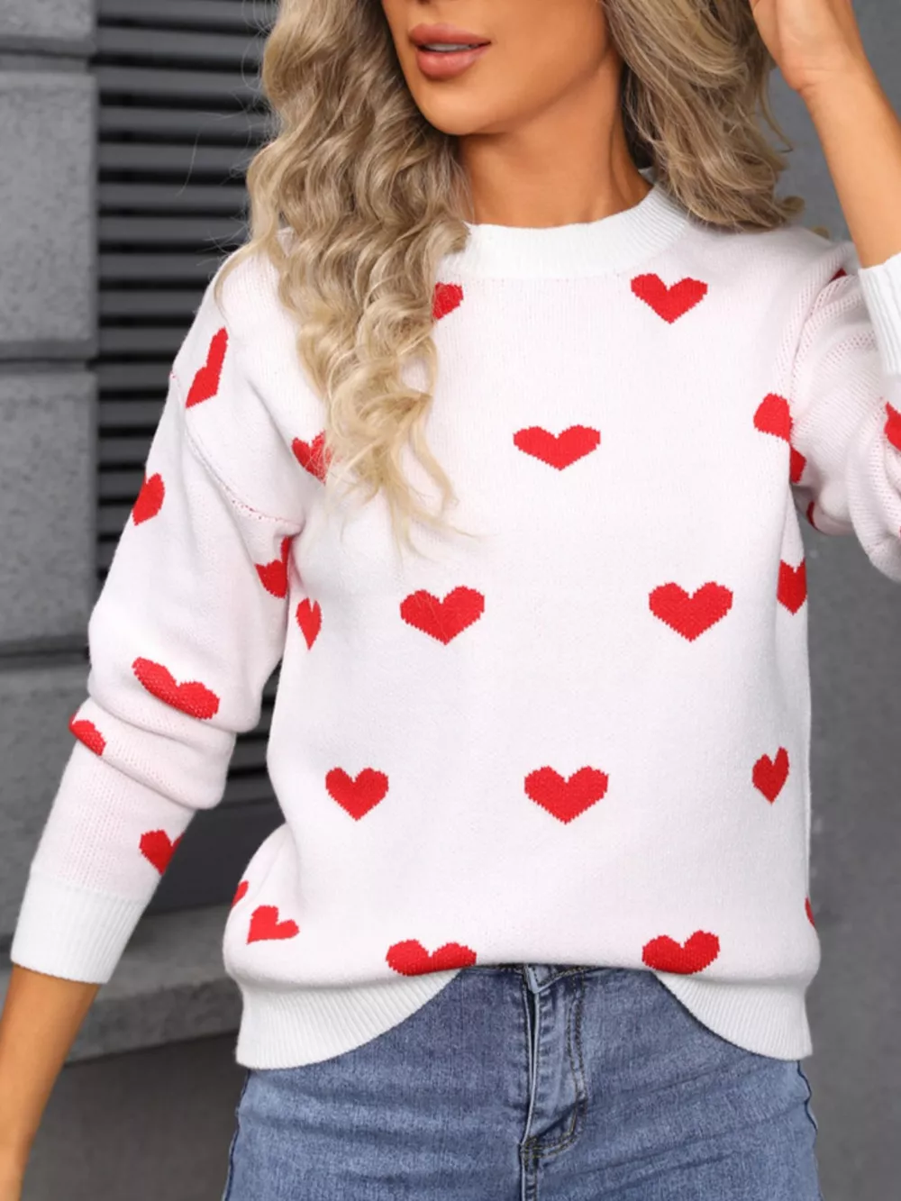 Valentine's Day Heart Pattern Dropped Shoulder Sweater, image 5