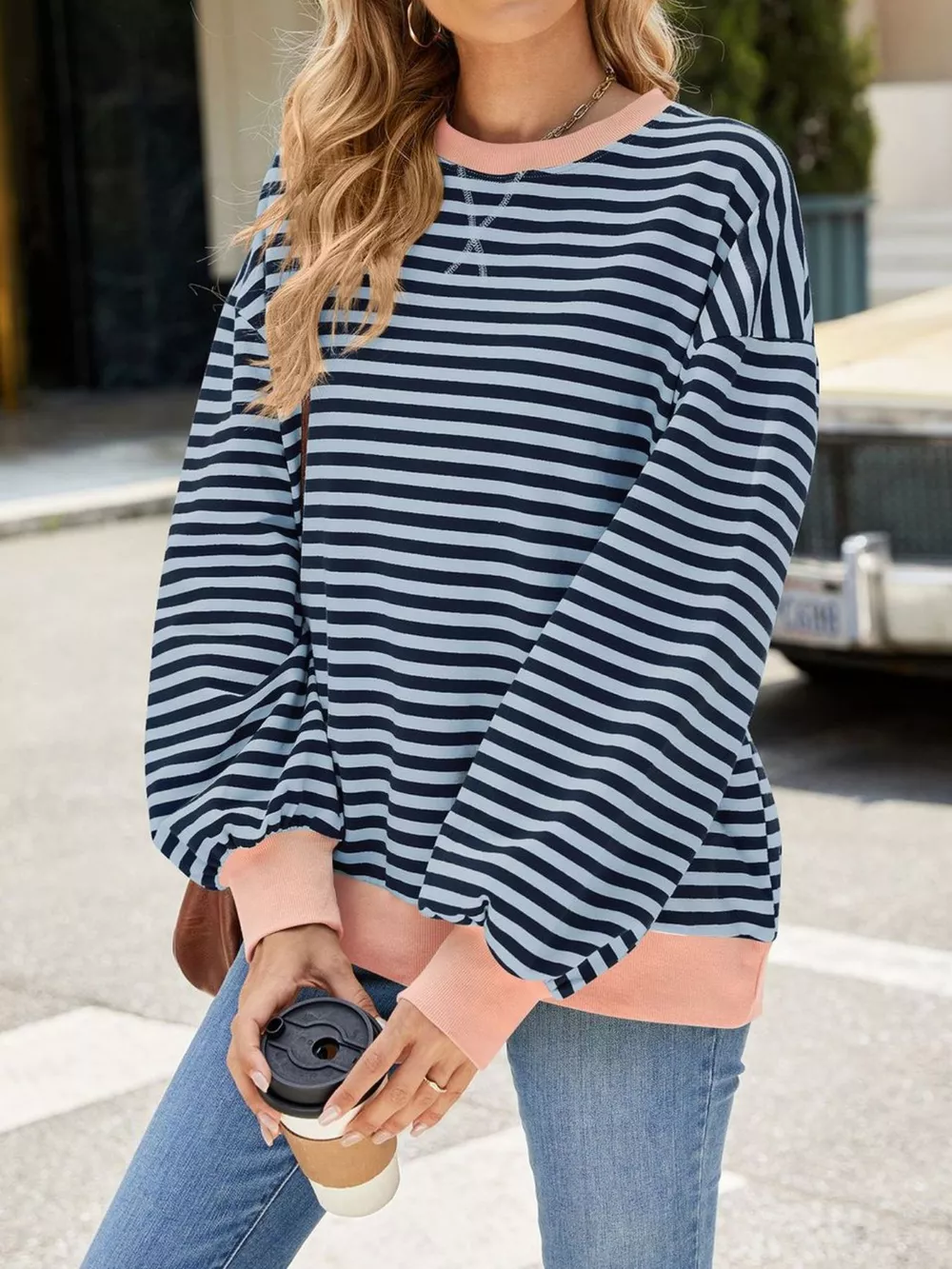 Striped Crew Neck Long Sleeve Sweatshirt, image 6