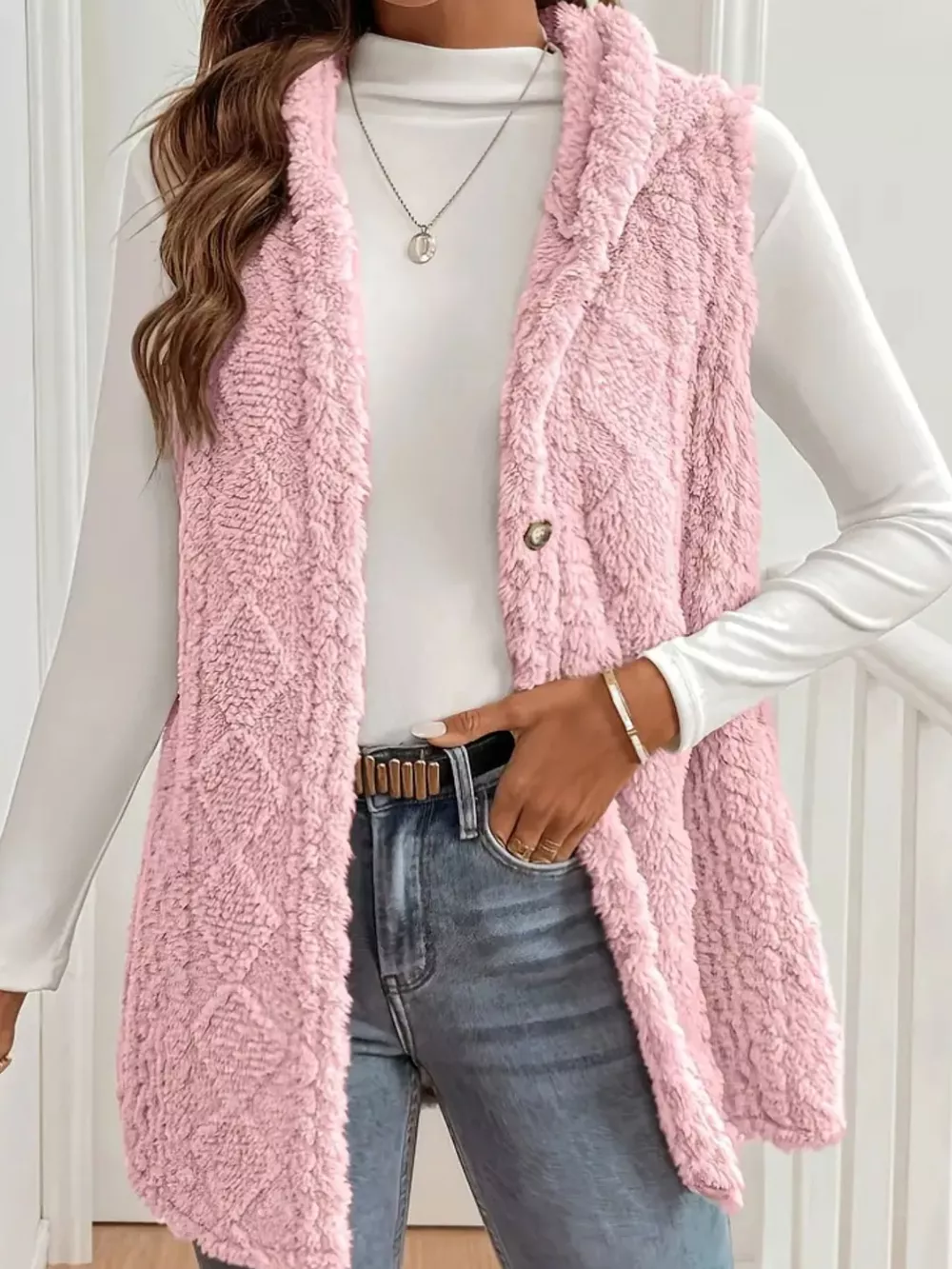 Hooded Button-Up Sherpa Vest Coat, image 6