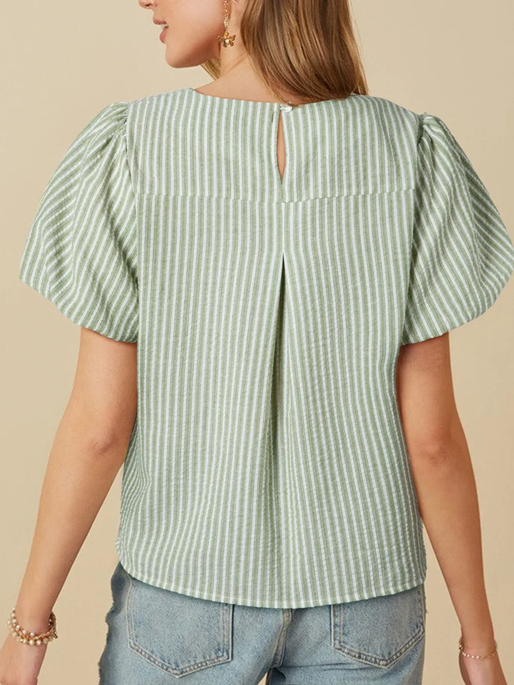 Stripe Textured Round Neck Short Puff Sleeve Blouse, image 2