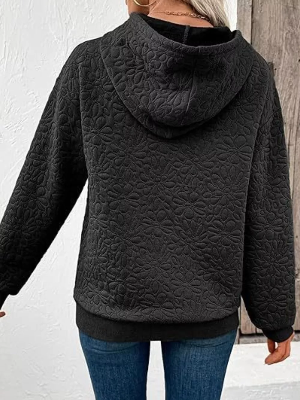 Textured Floral Quilted Hoodie, image 3