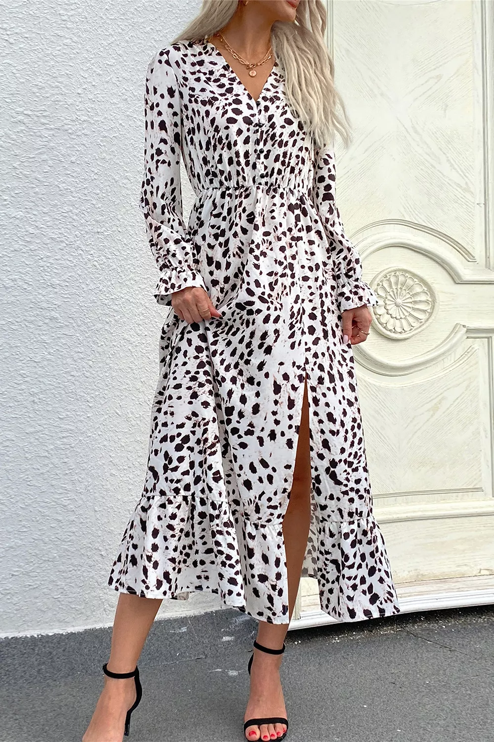 Slit Ruffled Hem Flounce Sleeve Midi Dress, image 2