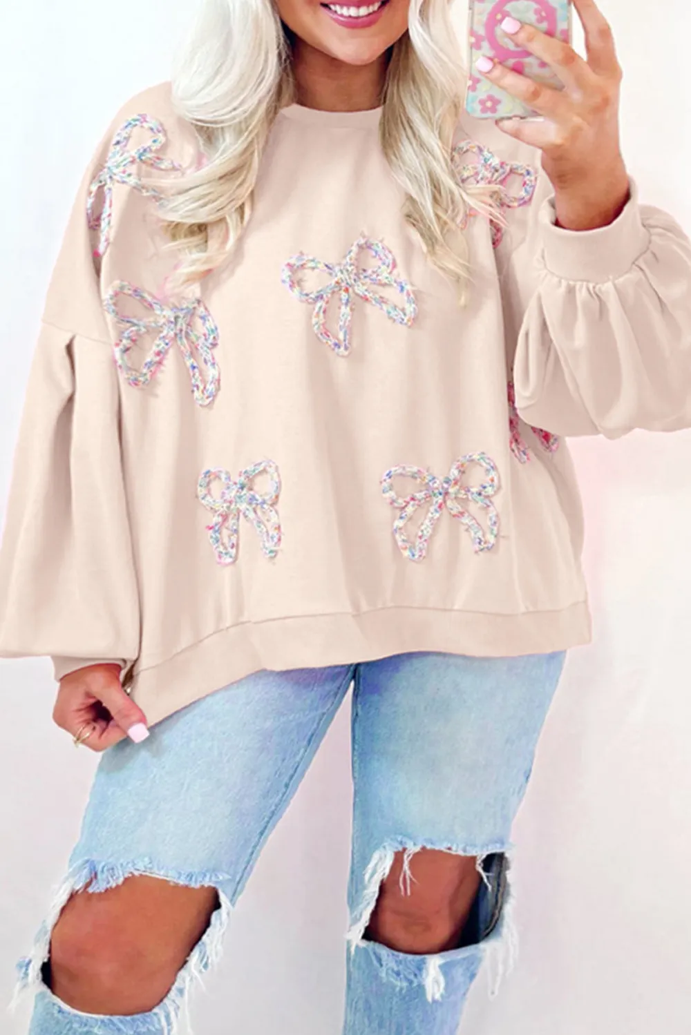 Bow Round Neck Long Sleeve Sweatshirt, image 5