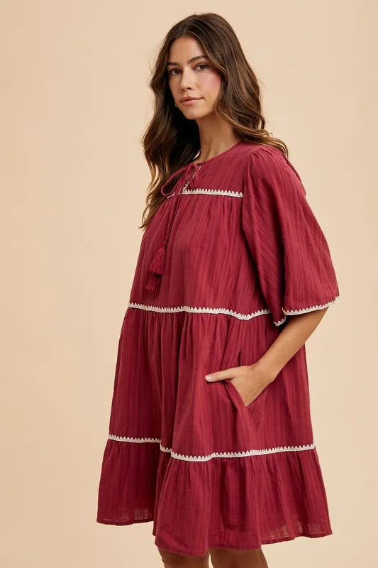 Tassel Contrast Trim Tie Neck Half Sleeve Tiered Dress, image 2