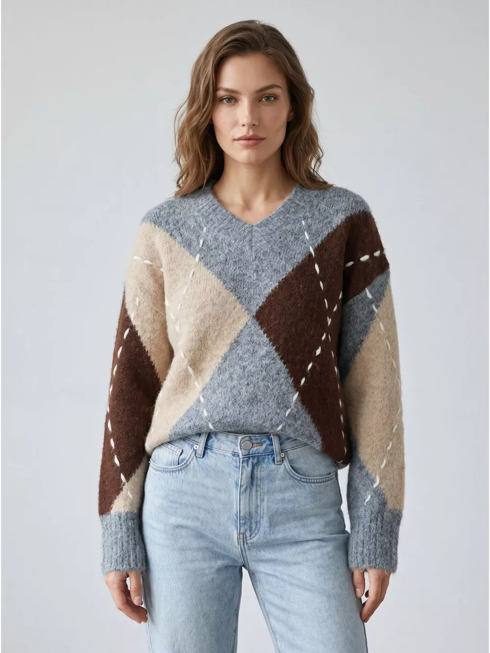 Argyle Pattern V-Neck Oversized Sweater, image 12