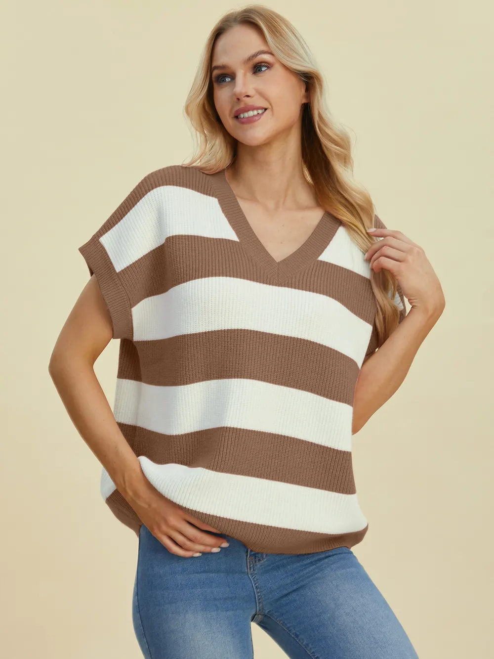 Full Size Striped V-Neck Short Sleeve Sweater, image 6