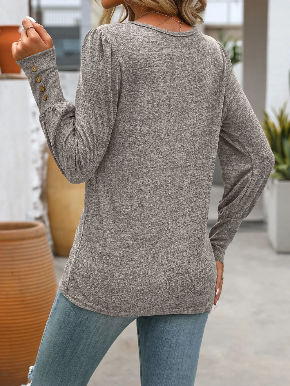 Decorative Button Round Neck Long Sleeve T-Shirt, image 21