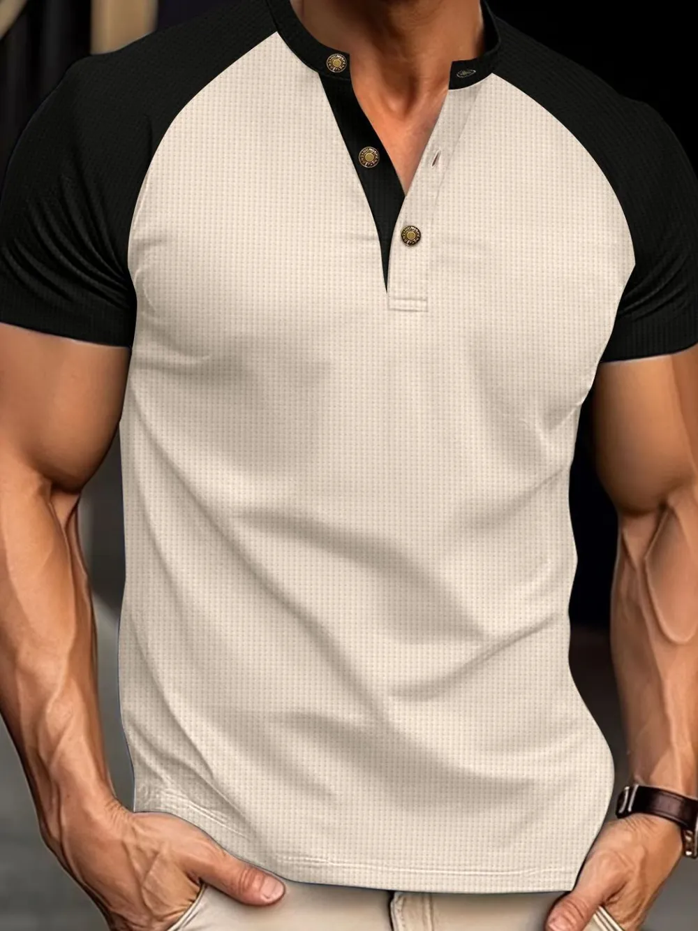 Men's Full Size Waffle-Knit Round Neck Contrast Polo Plus Size, image 9