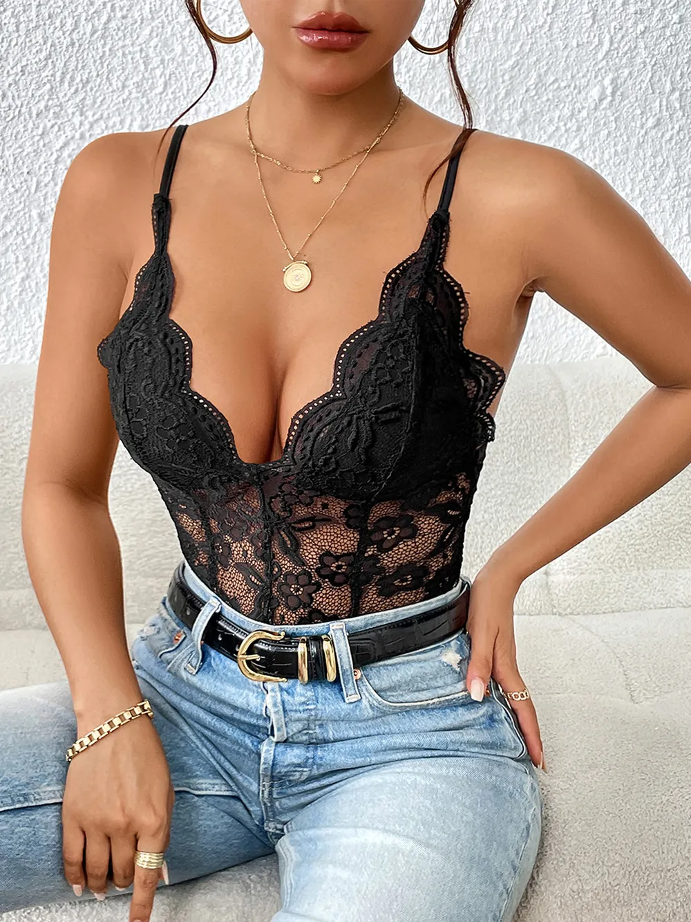 Lace V-Neck Spaghetti Strap Bodysuit, image 4