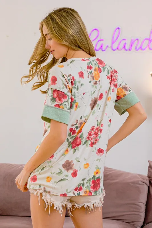 Floral Button Detail Round Neck Short Sleeve Terry T-Shirt, image 2