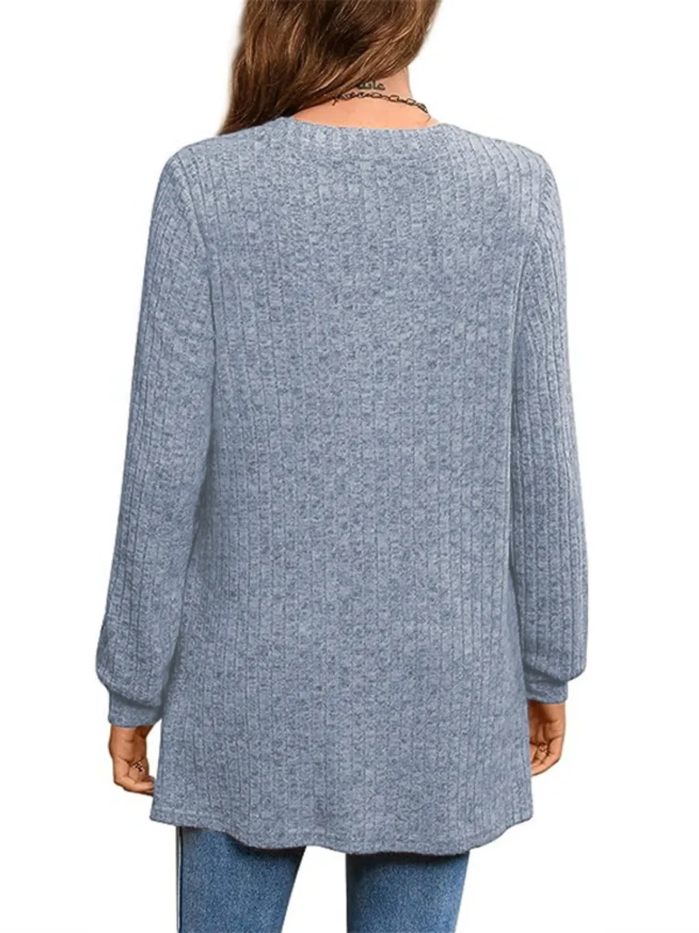 Ribbed Notched Long Sleeve T-Shirt, image 2