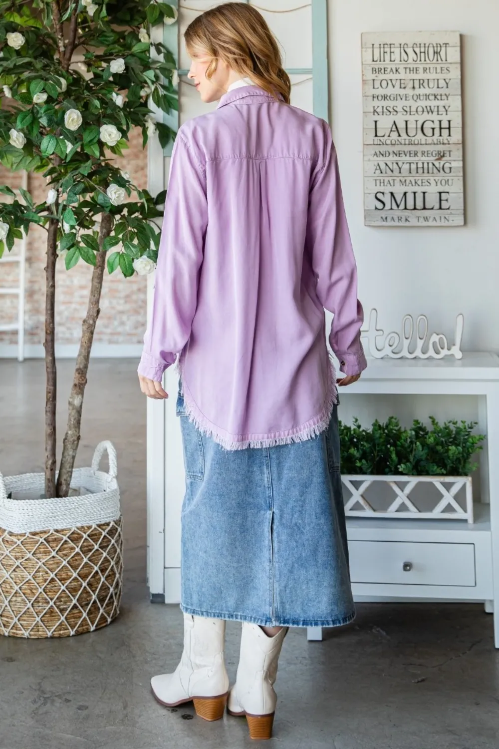 Raw Hem Button Up Long Sleeve Shirt, image 7