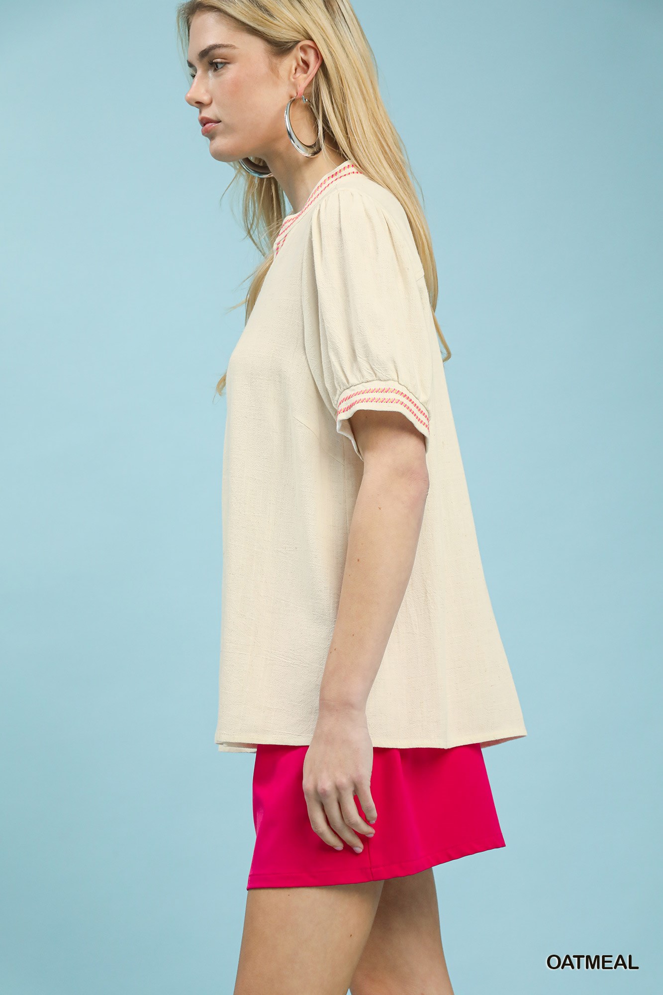 Embroidery Linen Puff Sleeve Blouse, image 2