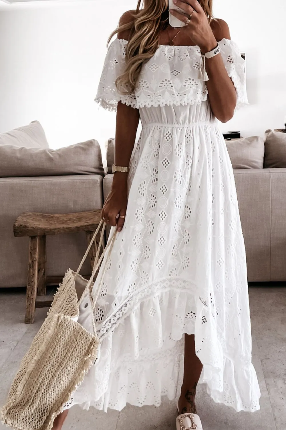 Off Shoulder Eyelet Lace Maxi Dress, image 4