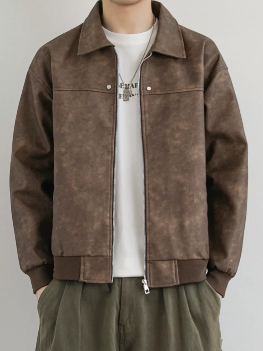 Men's Plus Size Zip Up Faux Leather Shacket, image 3