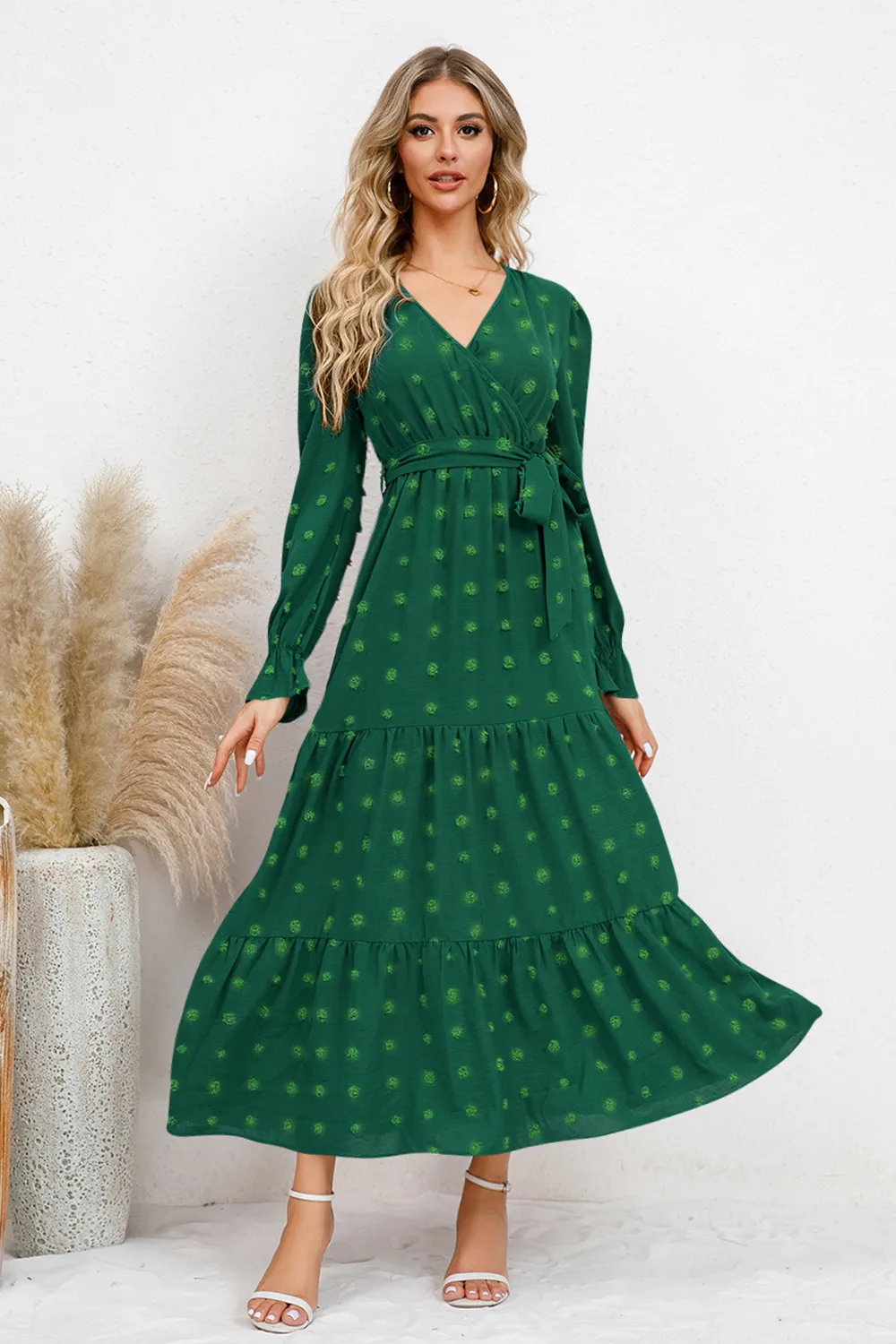 Swiss Dot Tied Surplice Flounce Sleeve Dress, image 4