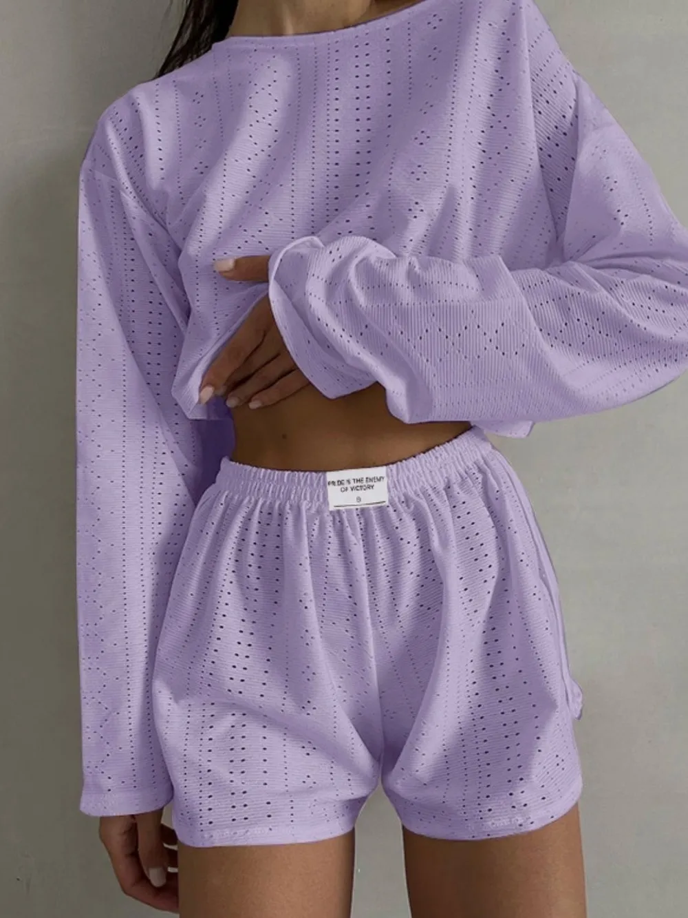 Eyelet Round Neck Top and Shorts Set, image 4