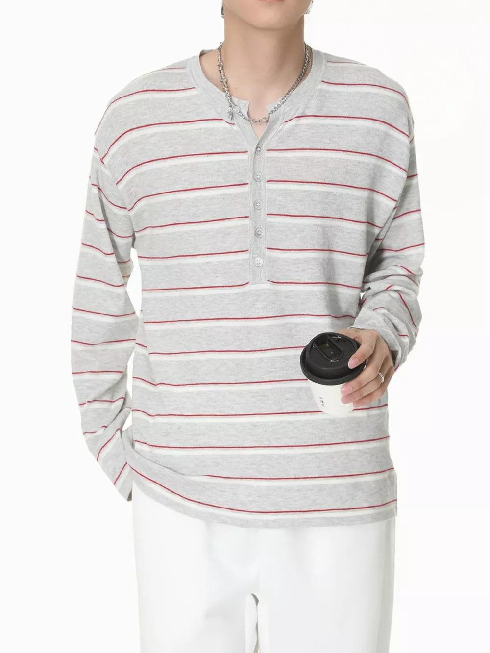 Men's Striped Button Detail Henley T-Shirt, image 12