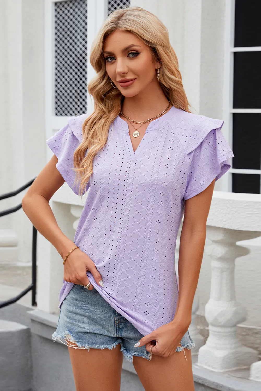 Eyelet Notched Short Sleeve T-Shirt, image 14