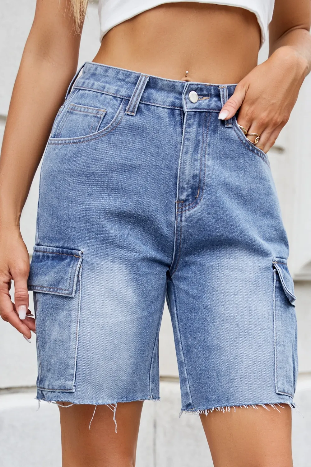 Raw Hem Washed Denim Shorts with Cargo Pockets, image 2
