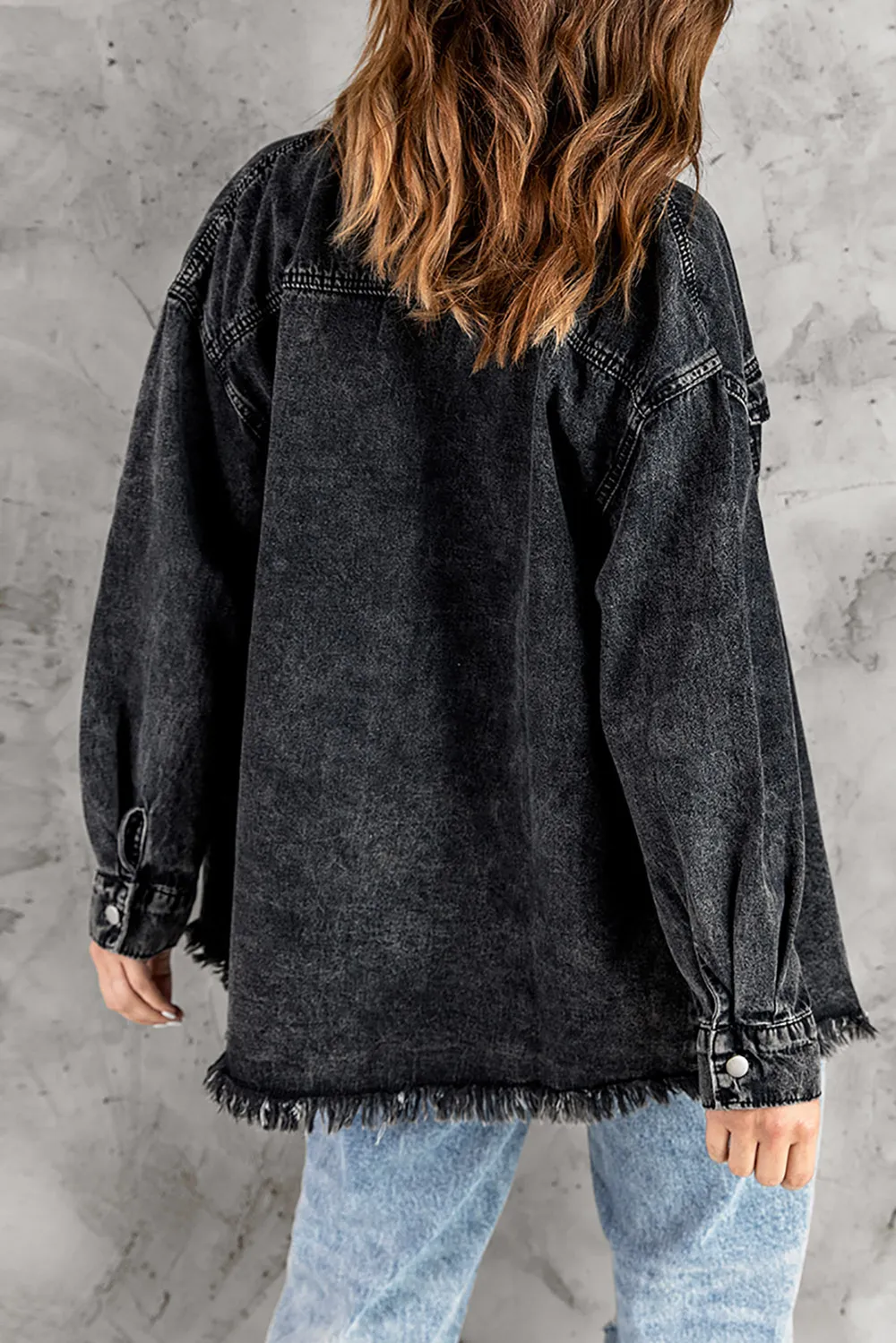 Button Up Pocketed Raw Hem Denim Jacket, image 5