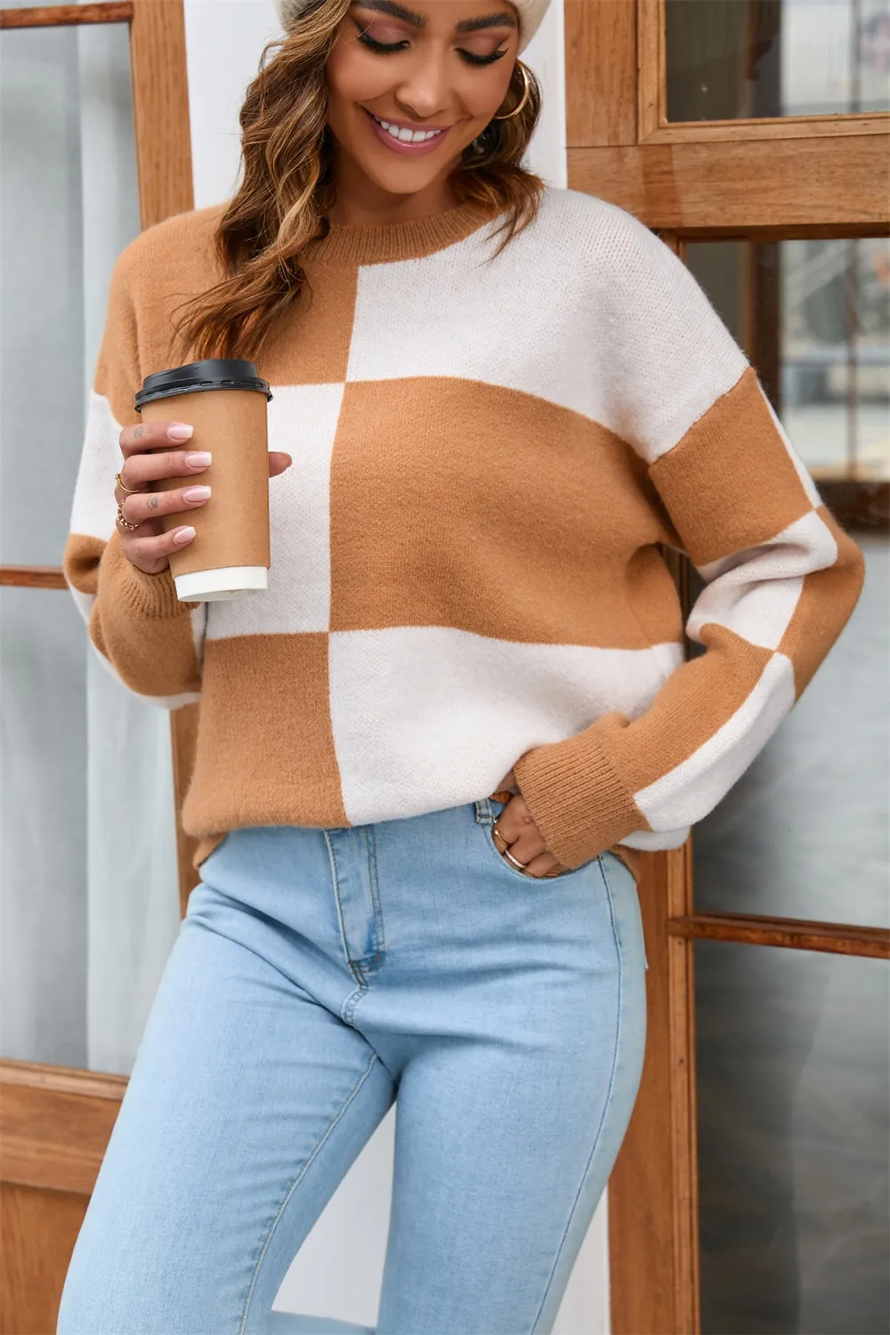 Color Block Round Neck Dropped Shoulder Sweater, image 3