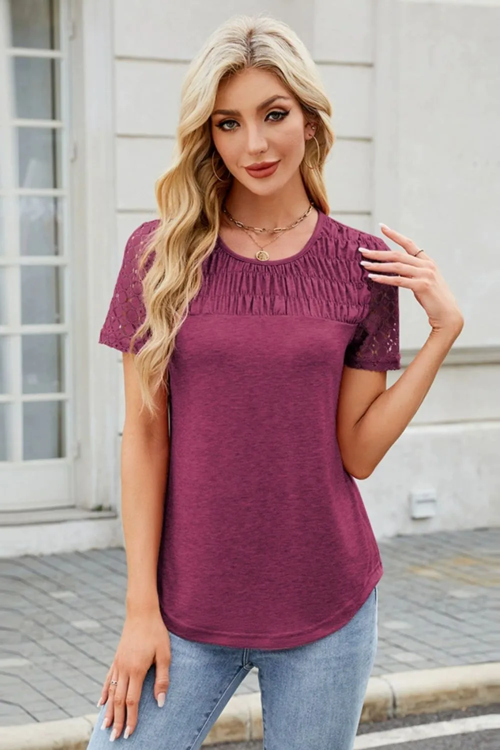Smocked Round Neck Short Sleeve T-Shirt, image 7