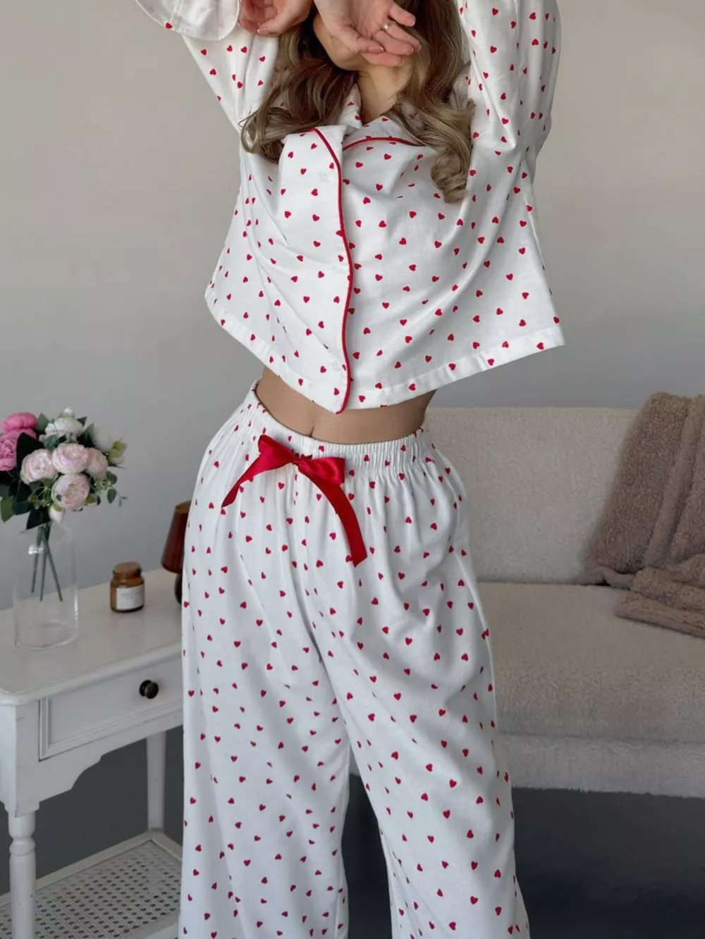 Heart Print Long Sleeve Top and Pants Lounge Set, image 4