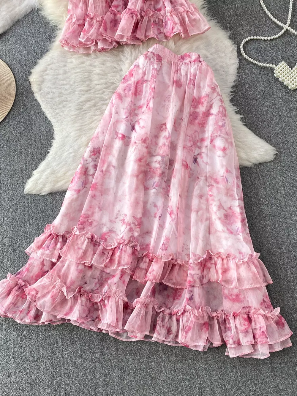 Floral Print Ruffle Hem Blouse and Skirt Set, image 9