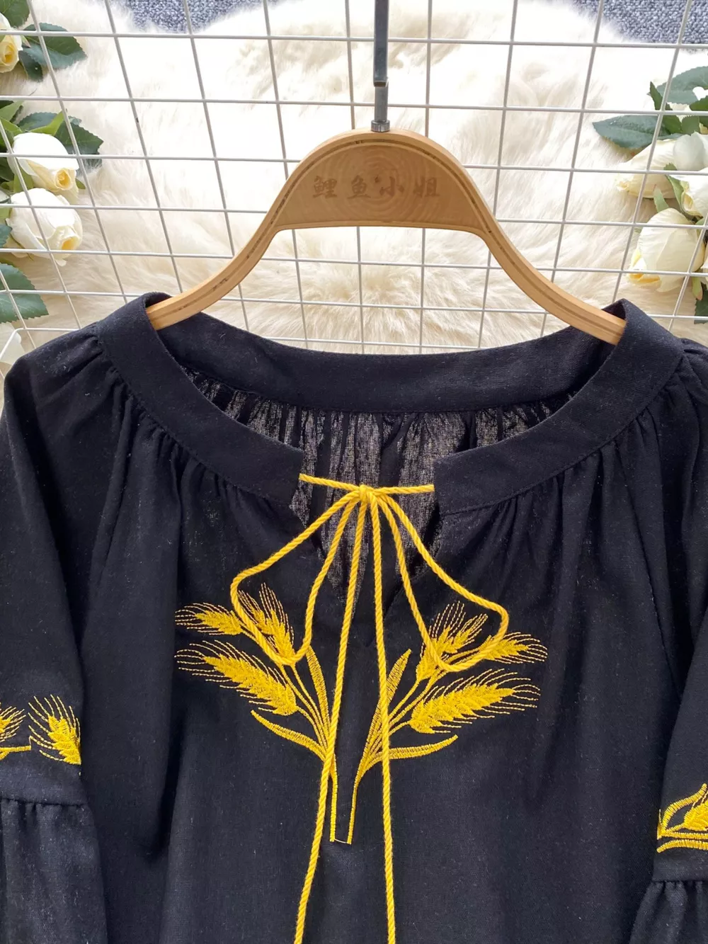 Embroidered Wheat Pattern Tie Neck Blouse, image 8