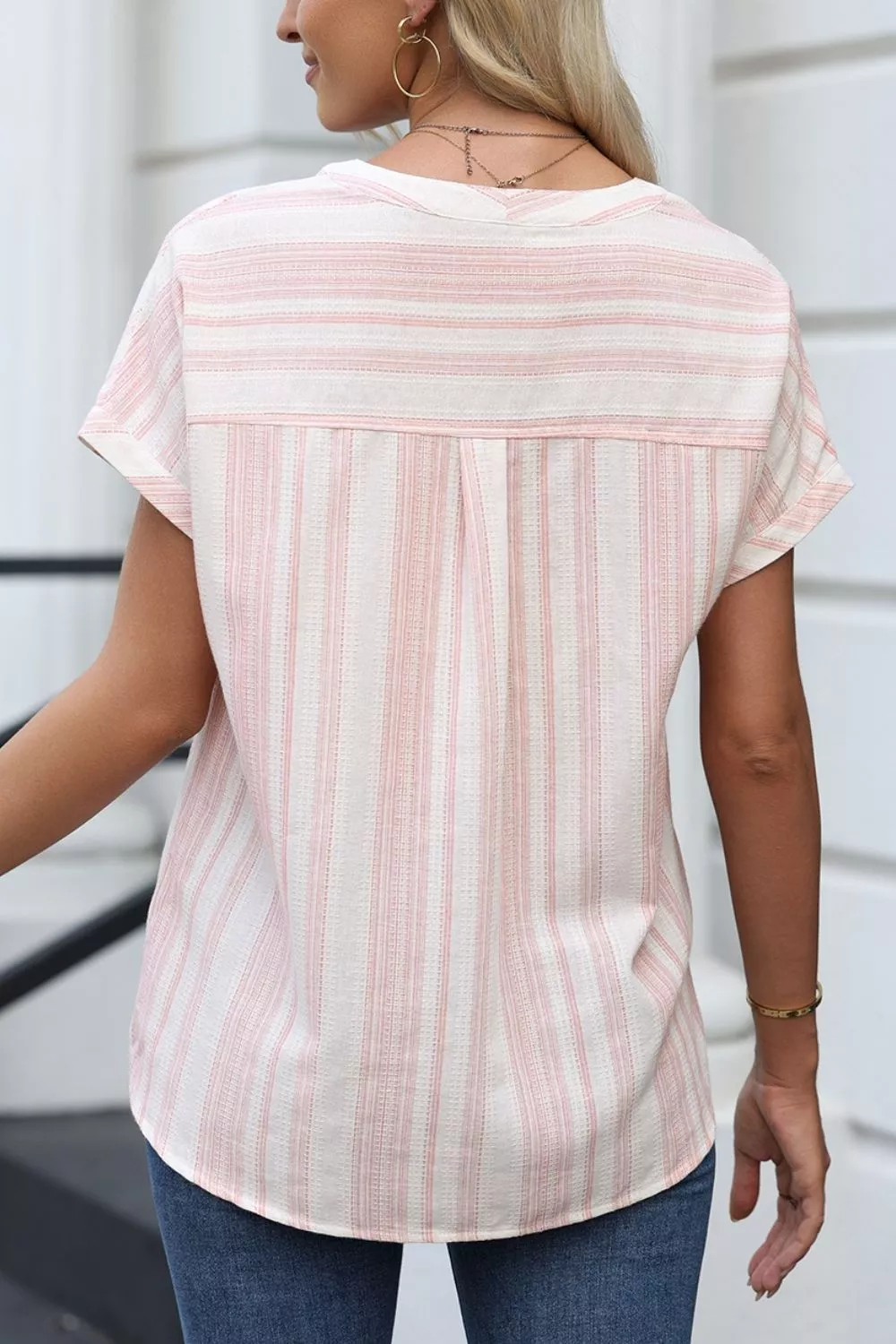 Striped Button Detail Short Sleeve Blouse, image 3