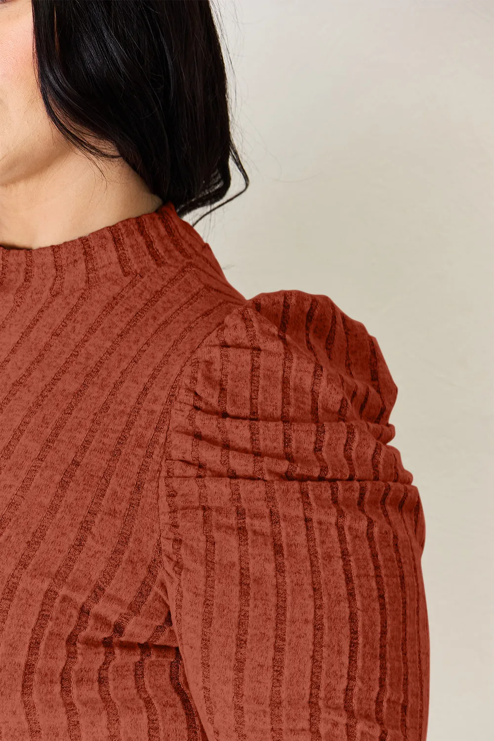 Full Size Ribbed Mock Neck Puff Sleeve T-Shirt, image 8