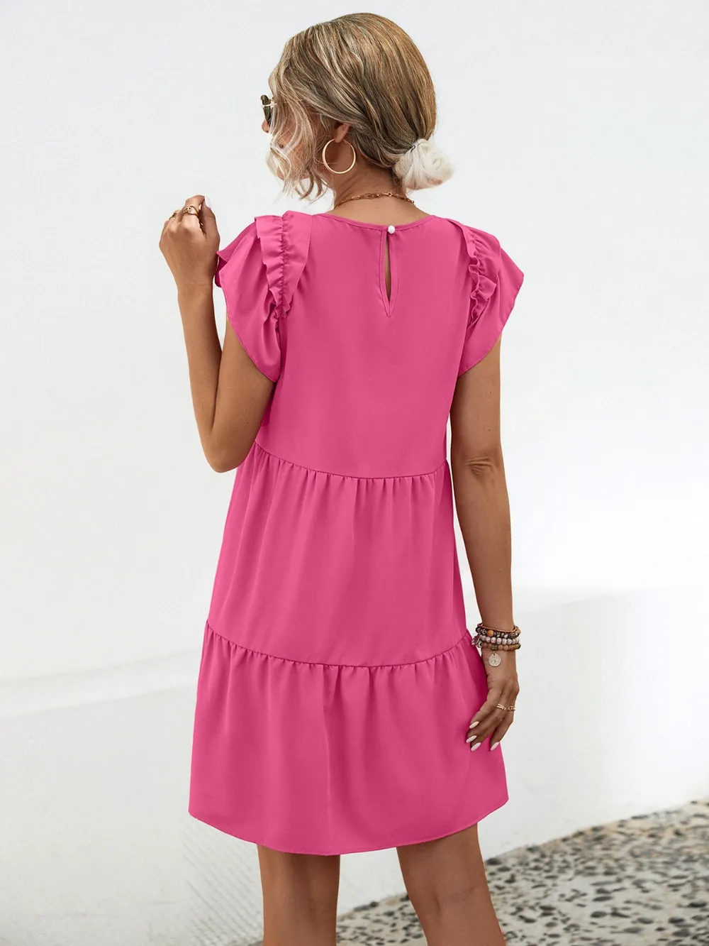 Ruffled Round Neck Cap Sleeve Mini Dress, image 2