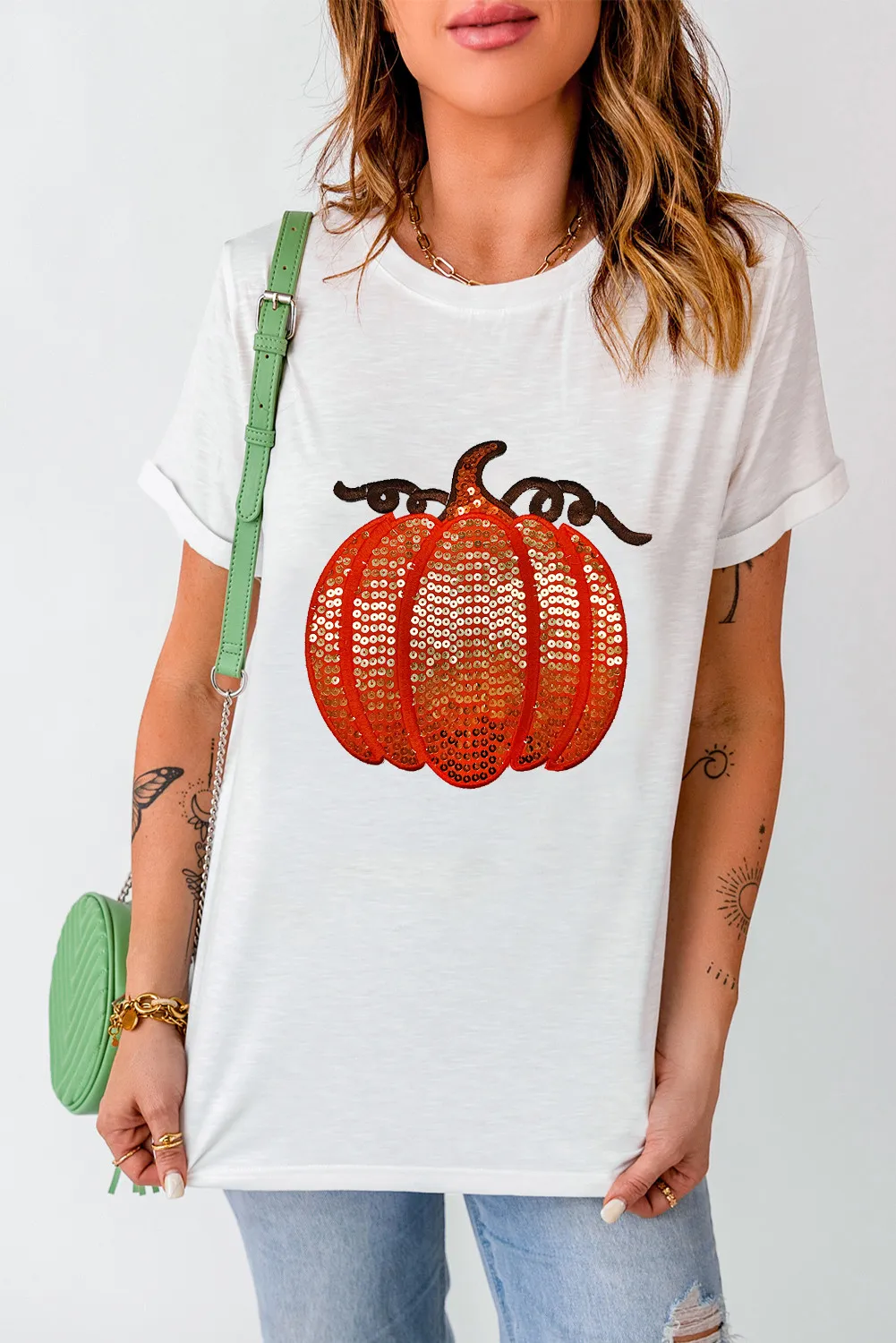 Full Size Sequin Pumpkin Round Neck Short Sleeve T-Shirt, image 3