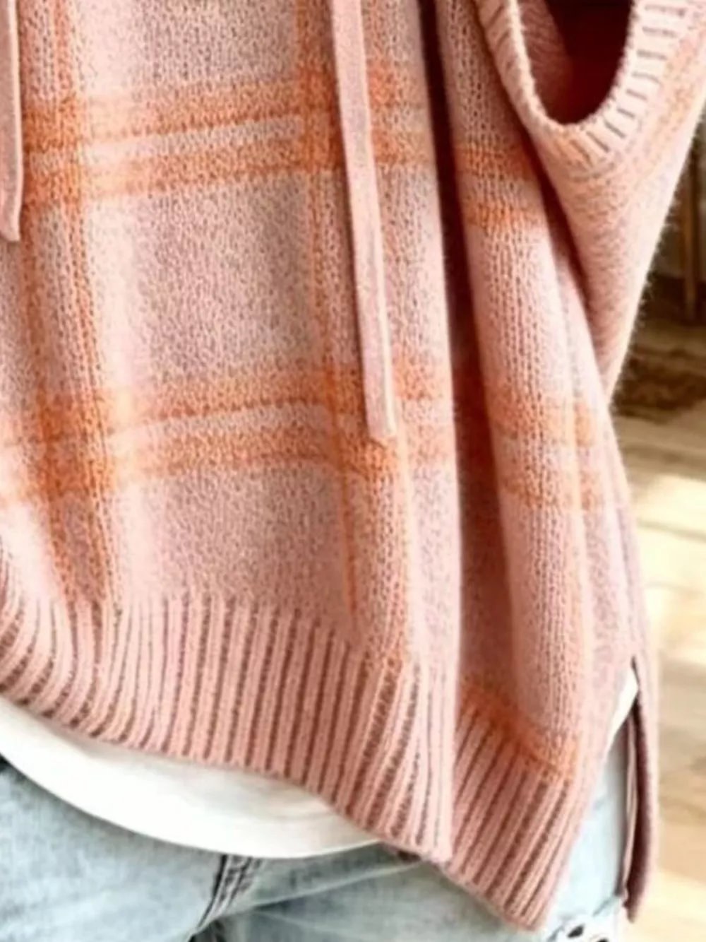 Full Size Drawstring Plaid Hooded Sweater Plus Size, image 12