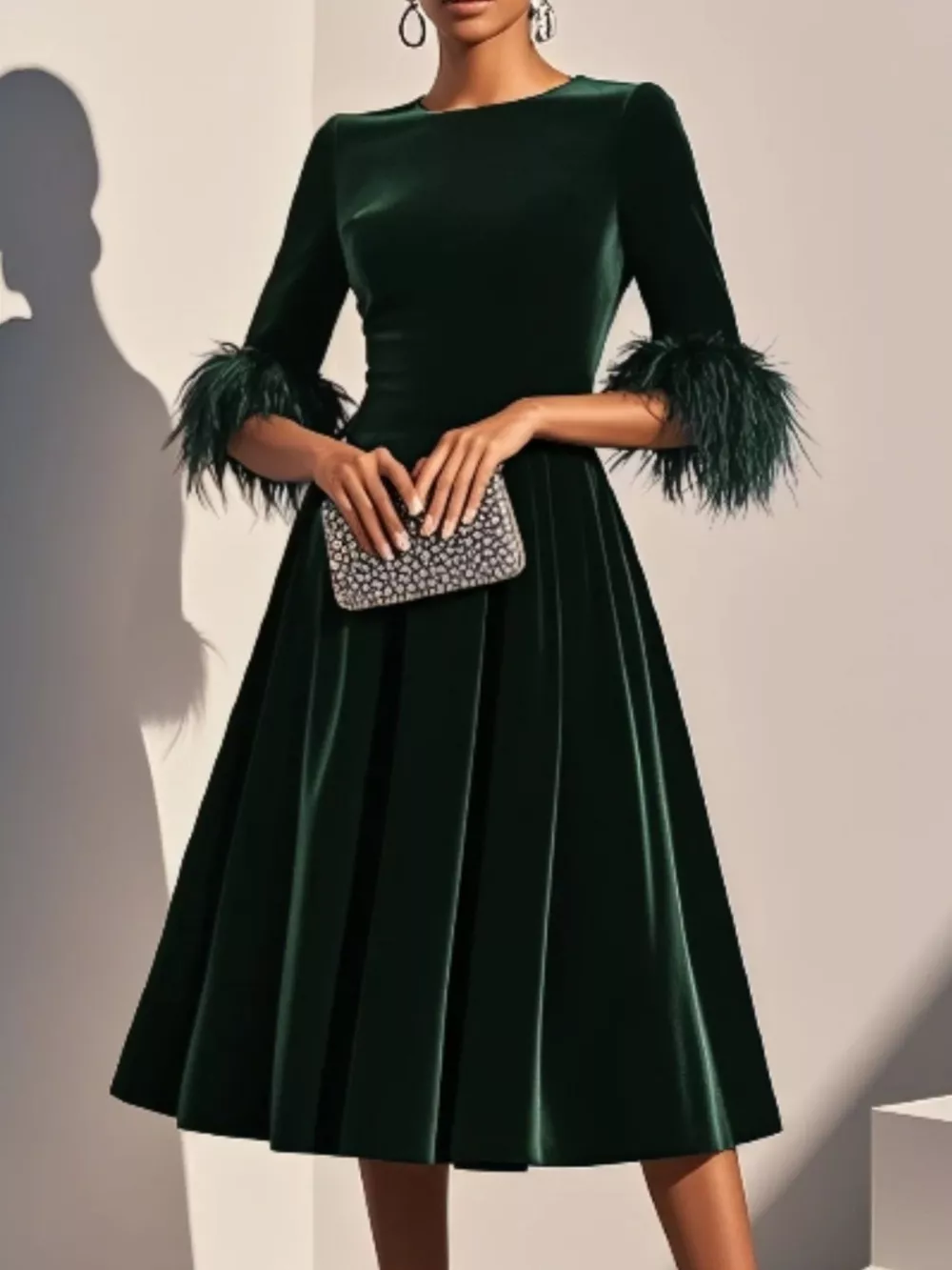 Velvet Midi Dress with Feather Cuffs, image 2