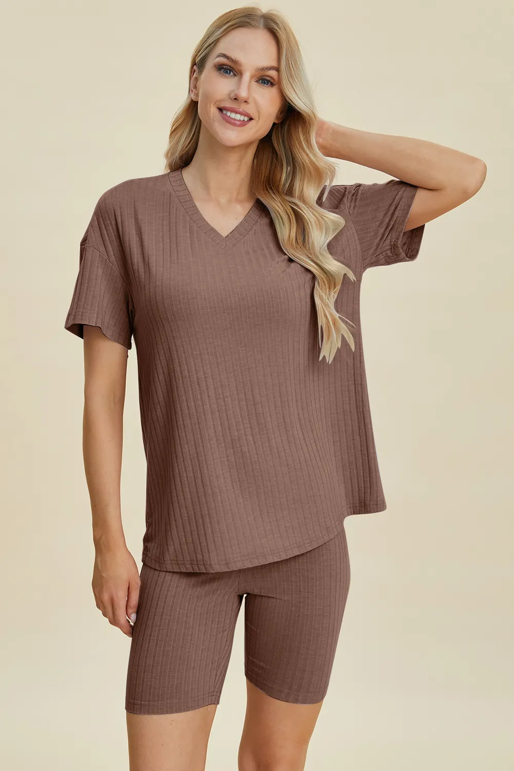 Full Size Ribbed V-Neck Short Sleeve Top and Shorts Set, image 5