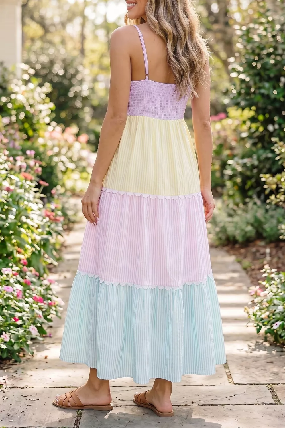 Striped Colorblock Adjustable Strap Scalloped Detail Long Dress, image 2