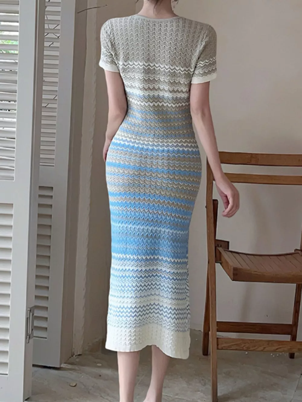 Gradient Knit Striped Short Sleeve Midi Dress, image 6