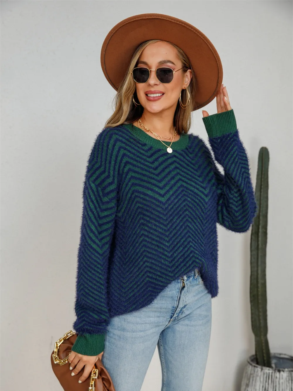Striped Round Neck Dropped Shoulder Sweater, image 3