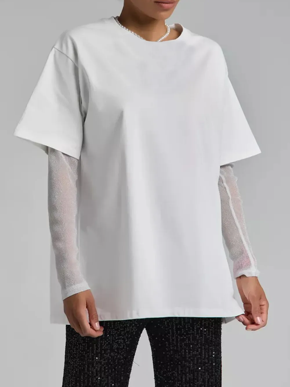 Faux Layered Round Neck Mesh Sleeve Top, image 19