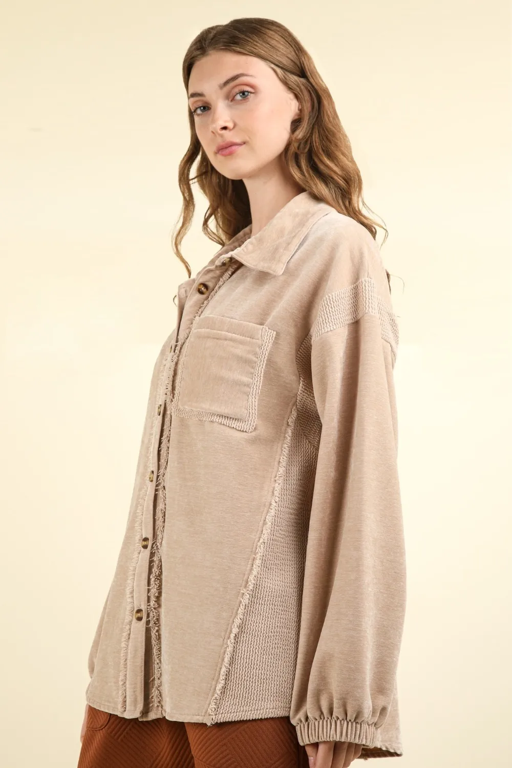 Mixed Media Button Down Raw Hem Shacket, image 2