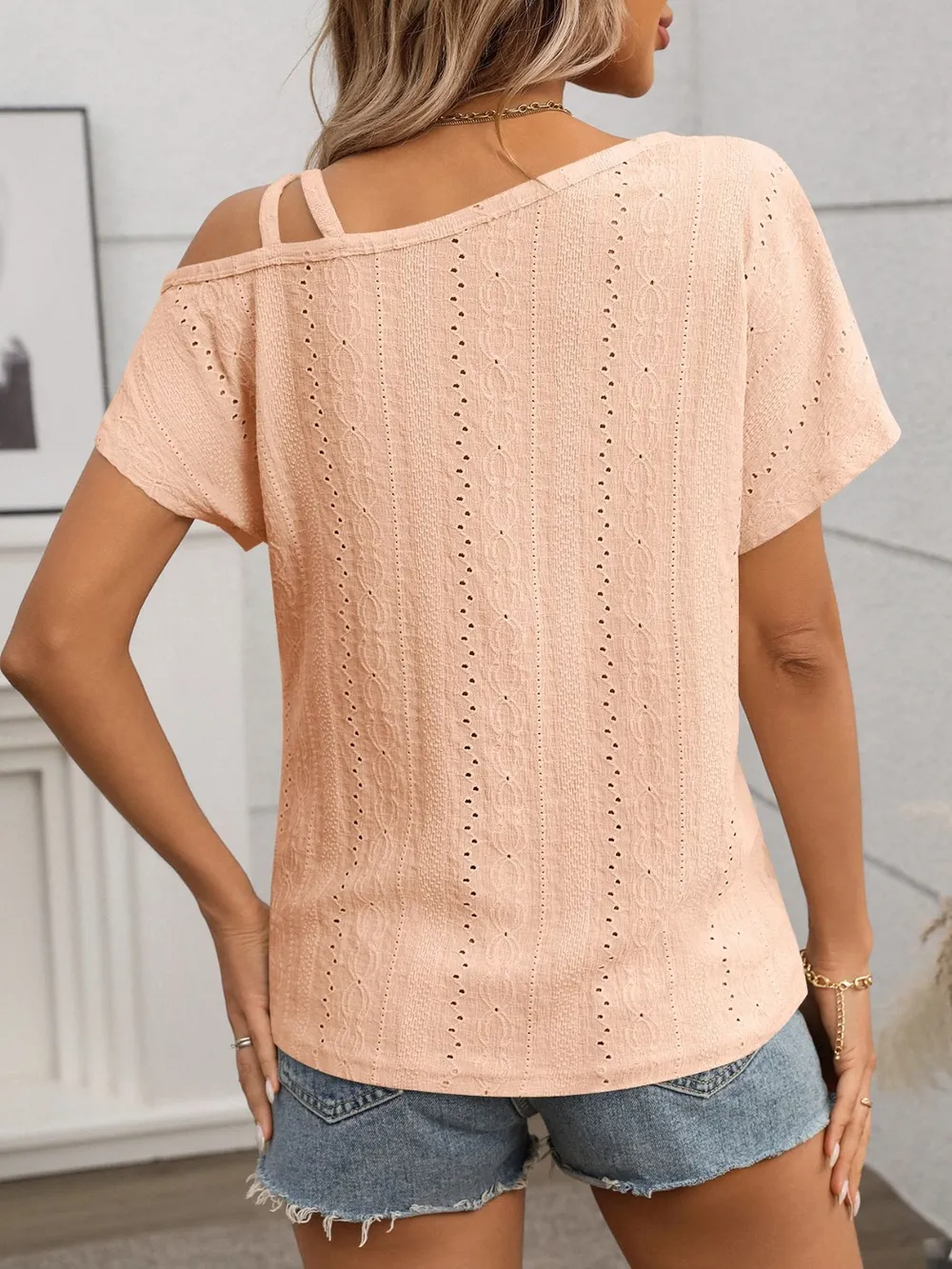 Eyelet Asymmetrical Shoulder Short Sleeve T-Shirt, image 9