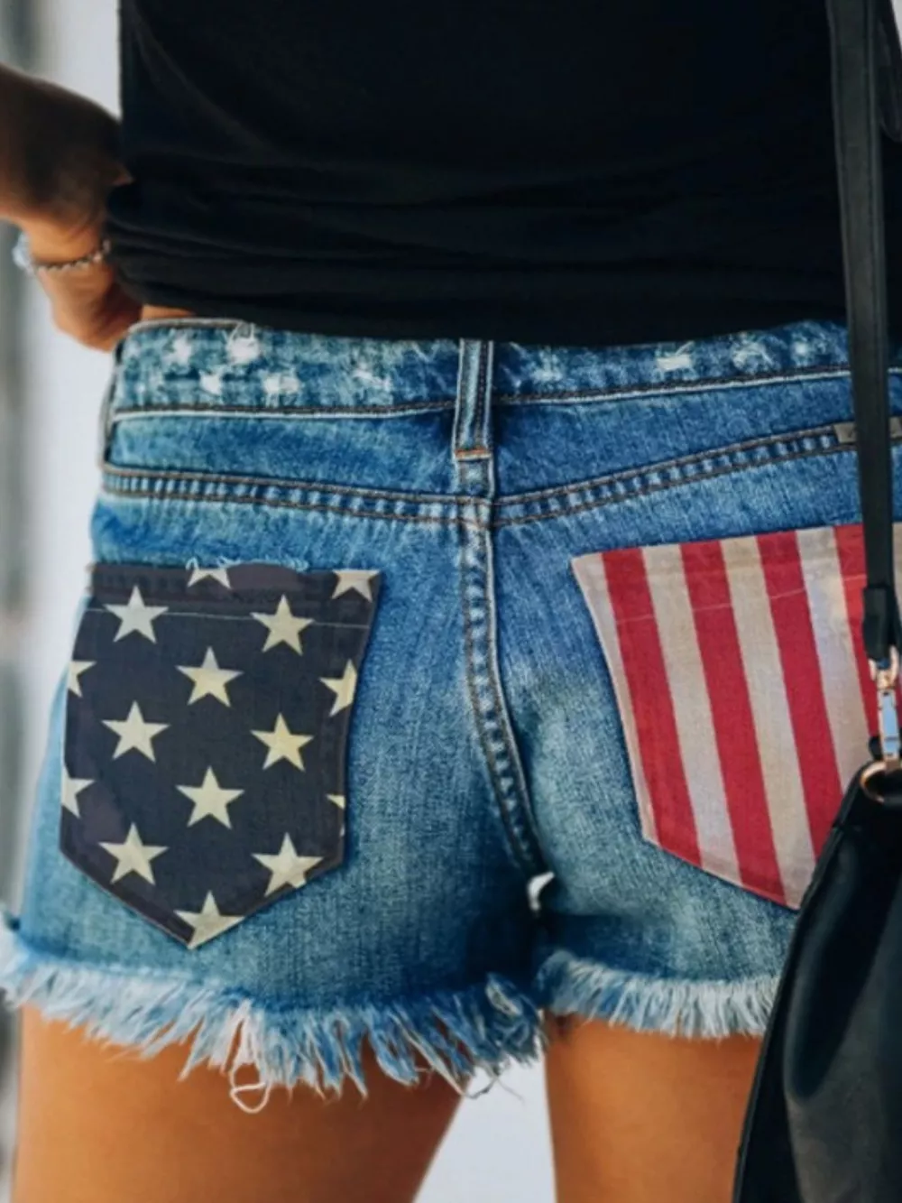 US Flag Distressed Denim Shorts with Frayed Hem, image 2