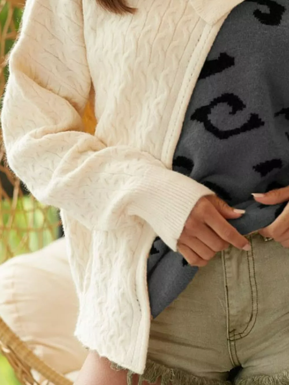 Cable-Knit Color Block One Shoulder Asymmetrical Sweater, image 2