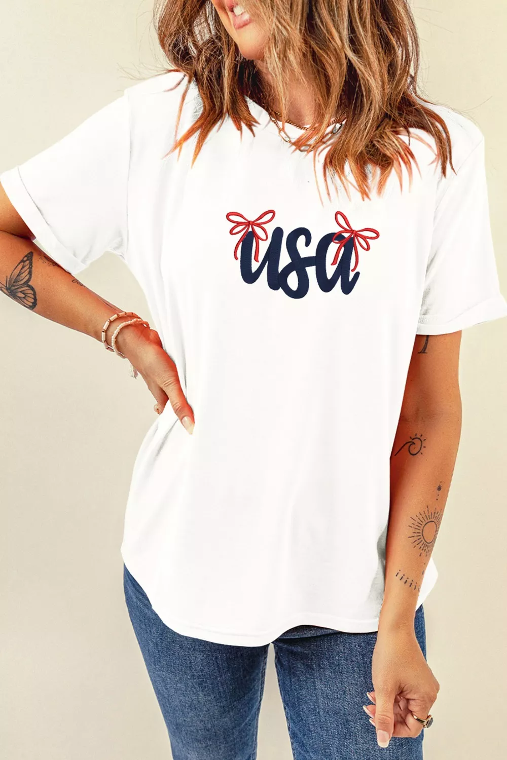 USA Lettering Bow Embroidered T Shirt, image 2