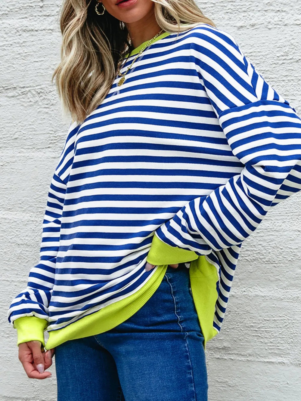Striped Contrast Ribbed Trim Drop Shoulder Sweatshirt, image 4